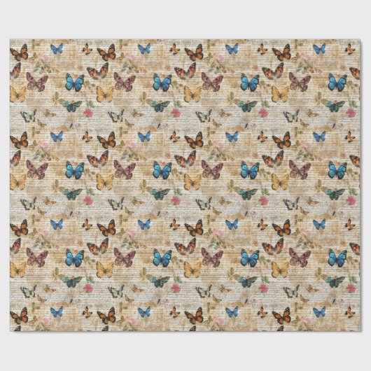 アンティークスクリプト&ヴィンテージバタフライコラージュ ラッピングペーパー (フラット)