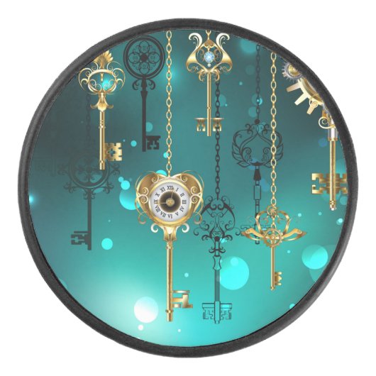 アンティークスケルトン鍵の緑の背景 アイスホッケーパック (正面)