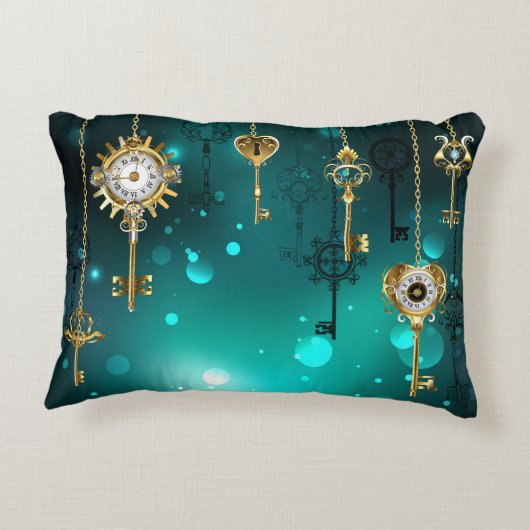 アンティークスケルトン鍵の緑の背景 アクセントクッション (裏面)