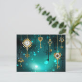 アンティークスケルトン鍵の緑の背景 インビテーションポストカード (スタンド正面)