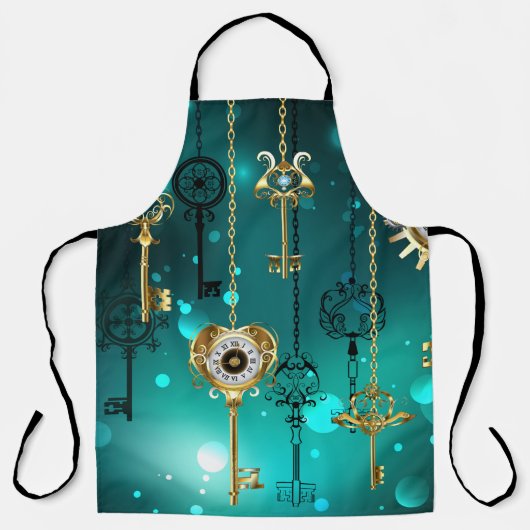 アンティークスケルトン鍵の緑の背景 エプロン (正面)
