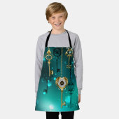 アンティークスケルトン鍵の緑の背景 エプロン (着用した状態)