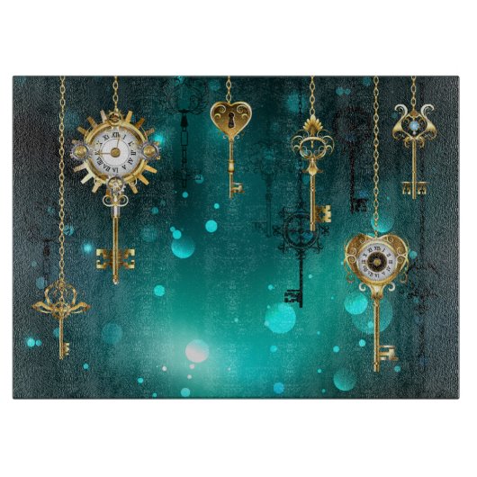 アンティークスケルトン鍵の緑の背景 カッティングボード (正面)