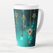 アンティークスケルトン鍵の緑の背景 カフェラテマグ (右アングル)