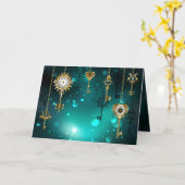 アンティークスケルトン鍵の緑の背景 カード (黄色い花)