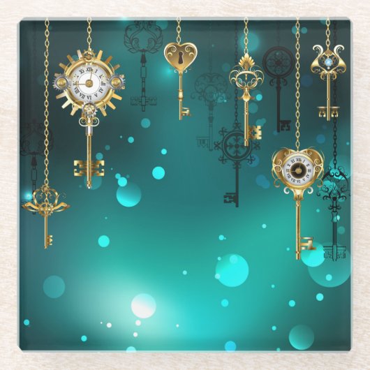 アンティークスケルトン鍵の緑の背景 ガラスコースター (正面)