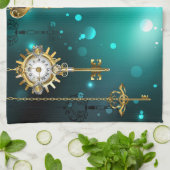 アンティークスケルトン鍵の緑の背景 キッチンタオル (折り畳み)