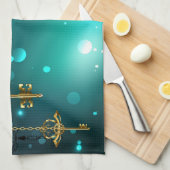 アンティークスケルトン鍵の緑の背景 キッチンタオル (四つ折り)