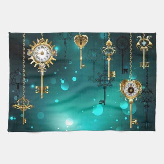 アンティークスケルトン鍵の緑の背景 キッチンタオル (横)