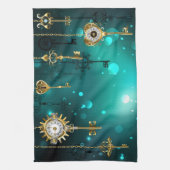 アンティークスケルトン鍵の緑の背景 キッチンタオル (縦)