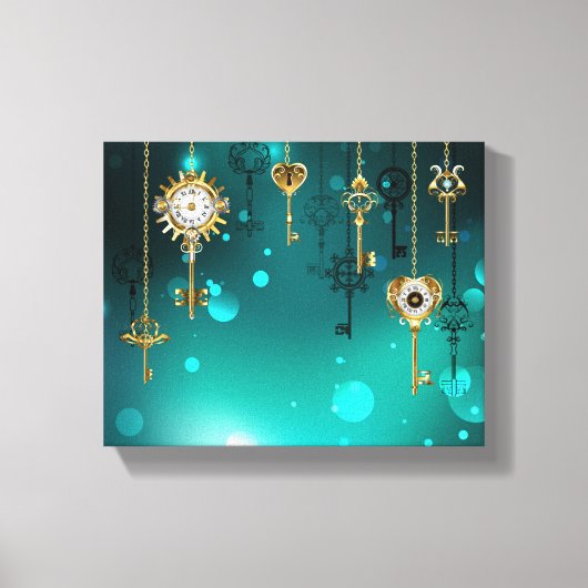 アンティークスケルトン鍵の緑の背景 キャンバスプリント (正面)