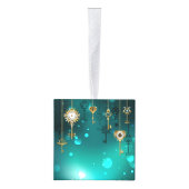 アンティークスケルトン鍵の緑の背景 キューブオーナメント (右)