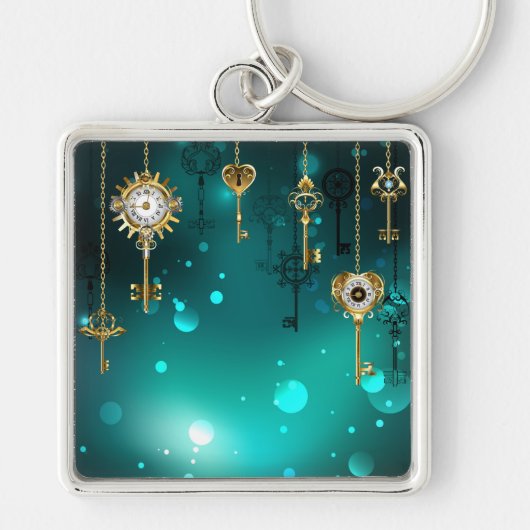 アンティークスケルトン鍵の緑の背景 キーホルダー (正面)