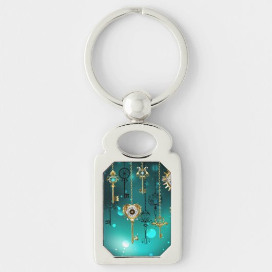 アンティークスケルトン鍵の緑の背景 キーホルダー (正面)