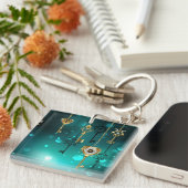 アンティークスケルトン鍵の緑の背景 キーホルダー (正面右)