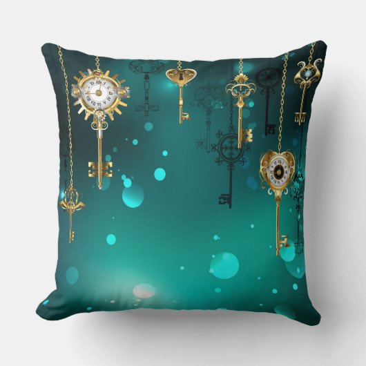 アンティークスケルトン鍵の緑の背景 クッション (正面)