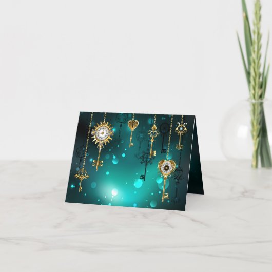 アンティークスケルトン鍵の緑の背景 サンキューカード (正面)