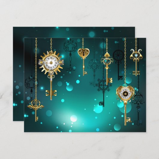 アンティークスケルトン鍵の緑の背景 サンキューカード (正面/裏面)