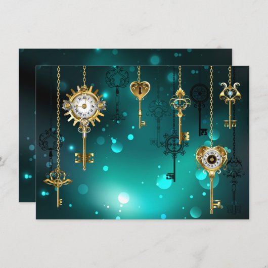 アンティークスケルトン鍵の緑の背景 サンキューカード (正面/裏面)