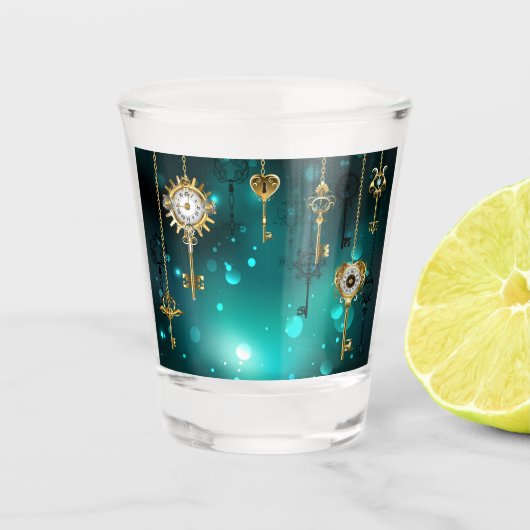 アンティークスケルトン鍵の緑の背景 ショットグラス (正面)