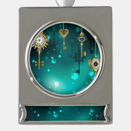 アンティークスケルトン鍵の緑の背景 シルバープレートバナーオーナメント (正面)