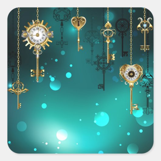 アンティークスケルトン鍵の緑の背景 スクエアシール (正面)