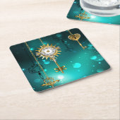 アンティークスケルトン鍵の緑の背景 スクエアペーパーコースター (アングル)