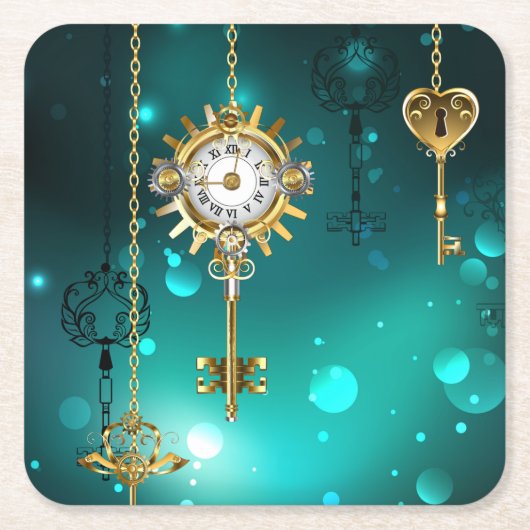 アンティークスケルトン鍵の緑の背景 スクエアペーパーコースター (正面)