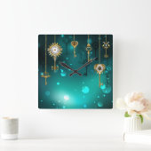 アンティークスケルトン鍵の緑の背景 スクエア壁時計 (ホーム)