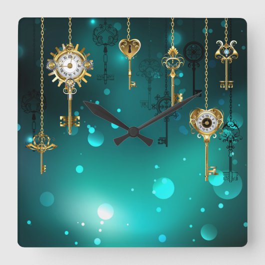 アンティークスケルトン鍵の緑の背景 スクエア壁時計 (正面)