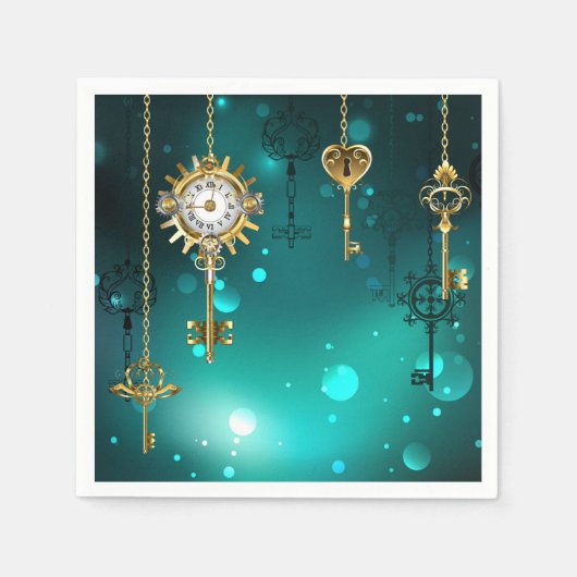 アンティークスケルトン鍵の緑の背景 スタンダードカクテルナプキン (正面)