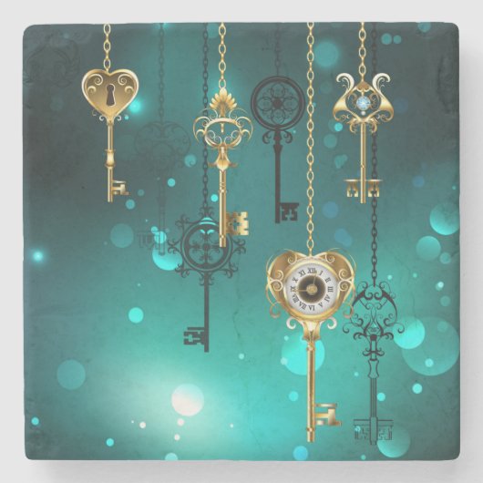 アンティークスケルトン鍵の緑の背景 ストーンコースター (正面)