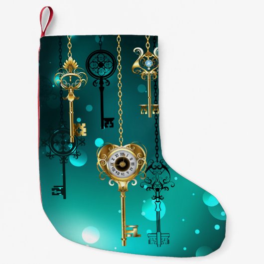 アンティークスケルトン鍵の緑の背景 スモールクリスマスストッキング (正面)