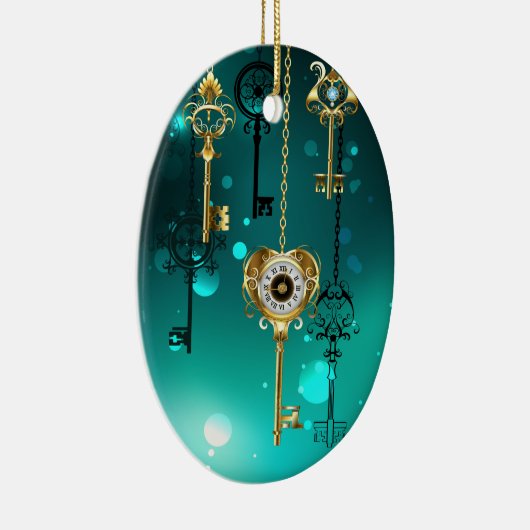 アンティークスケルトン鍵の緑の背景 セラミックオーナメント (右)