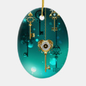 アンティークスケルトン鍵の緑の背景 セラミックオーナメント (正面)
