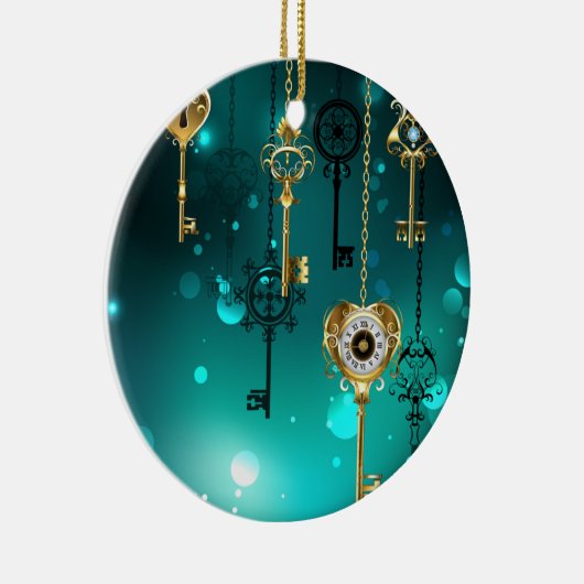 アンティークスケルトン鍵の緑の背景 セラミックオーナメント (右)
