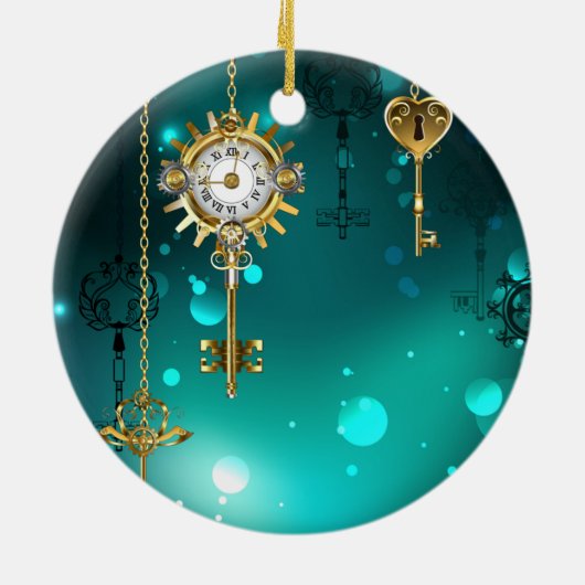 アンティークスケルトン鍵の緑の背景 セラミックオーナメント (裏面)