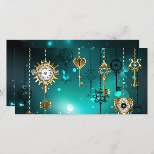 アンティークスケルトン鍵の緑の背景 セーブザデート (正面/裏面)