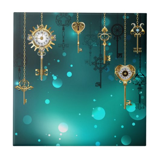 アンティークスケルトン鍵の緑の背景 タイル (正面)