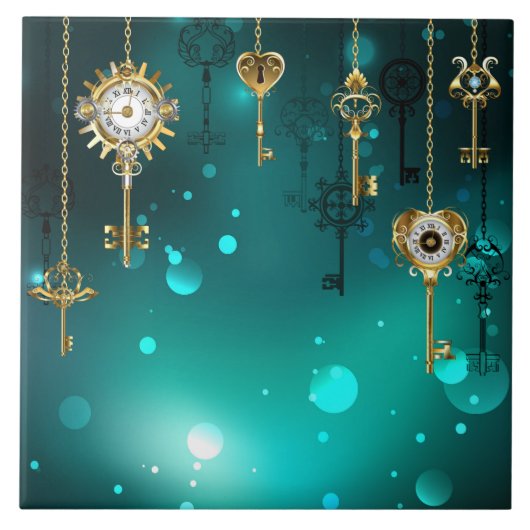 アンティークスケルトン鍵の緑の背景 タイル (正面)