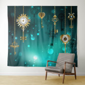 アンティークスケルトン鍵の緑の背景 タペストリー (インサイチュ(横))