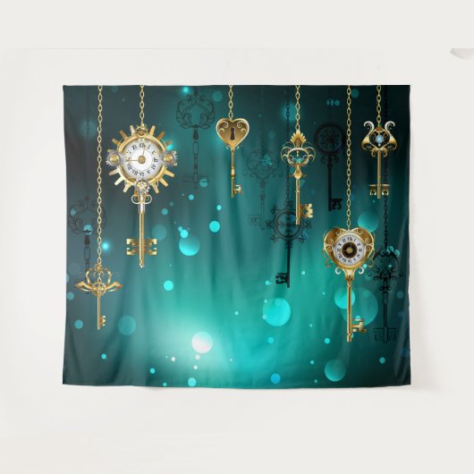 アンティークスケルトン鍵の緑の背景 タペストリー (正面(横))