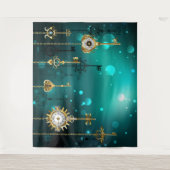 アンティークスケルトン鍵の緑の背景 タペストリー (正面)