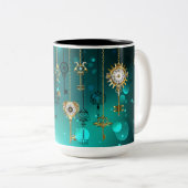 アンティークスケルトン鍵の緑の背景 ツートーンマグカップ (正面右)