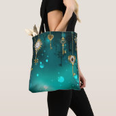 アンティークスケルトン鍵の緑の背景 トートバッグ (クローズアップ)