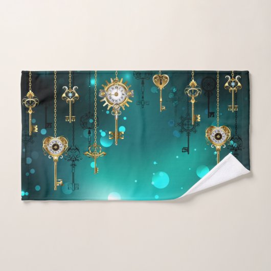 アンティークスケルトン鍵の緑の背景 ハンドタオル (ハンドタオル)