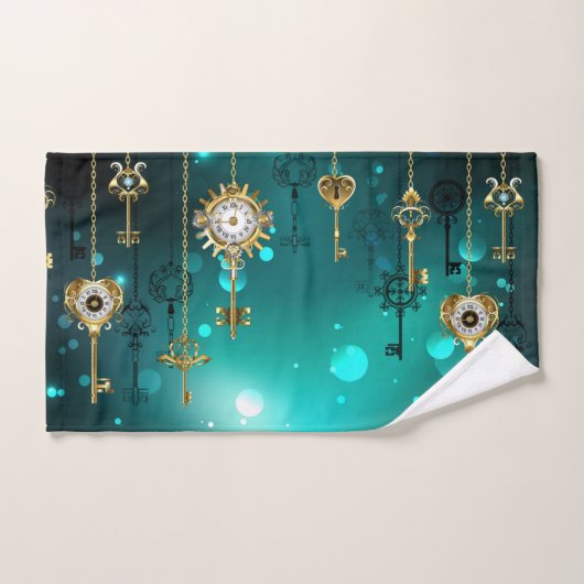 アンティークスケルトン鍵の緑の背景 バスタオルセット (ハンドタオル)