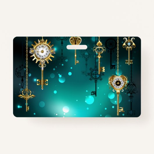 アンティークスケルトン鍵の緑の背景 バッジ (正面)