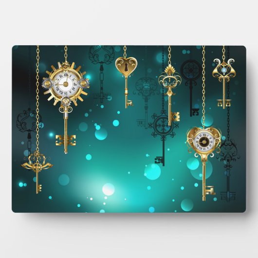 アンティークスケルトン鍵の緑の背景 フォトプラーク (正面)