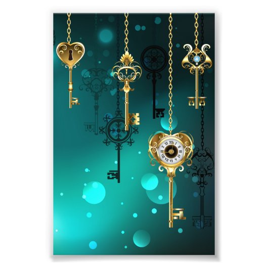 アンティークスケルトン鍵の緑の背景 フォトプリント            (正面)